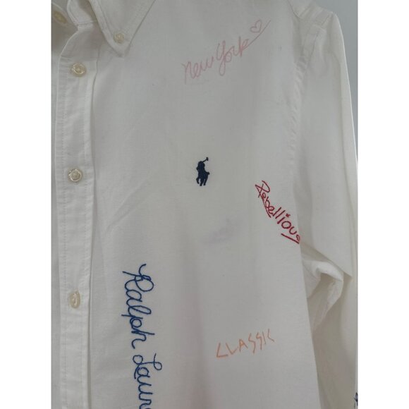 Ralph Lauren Polo‎ Embroidered Shirt Mens XL White Graffiti Collared Cotton - Picture 4 of 13